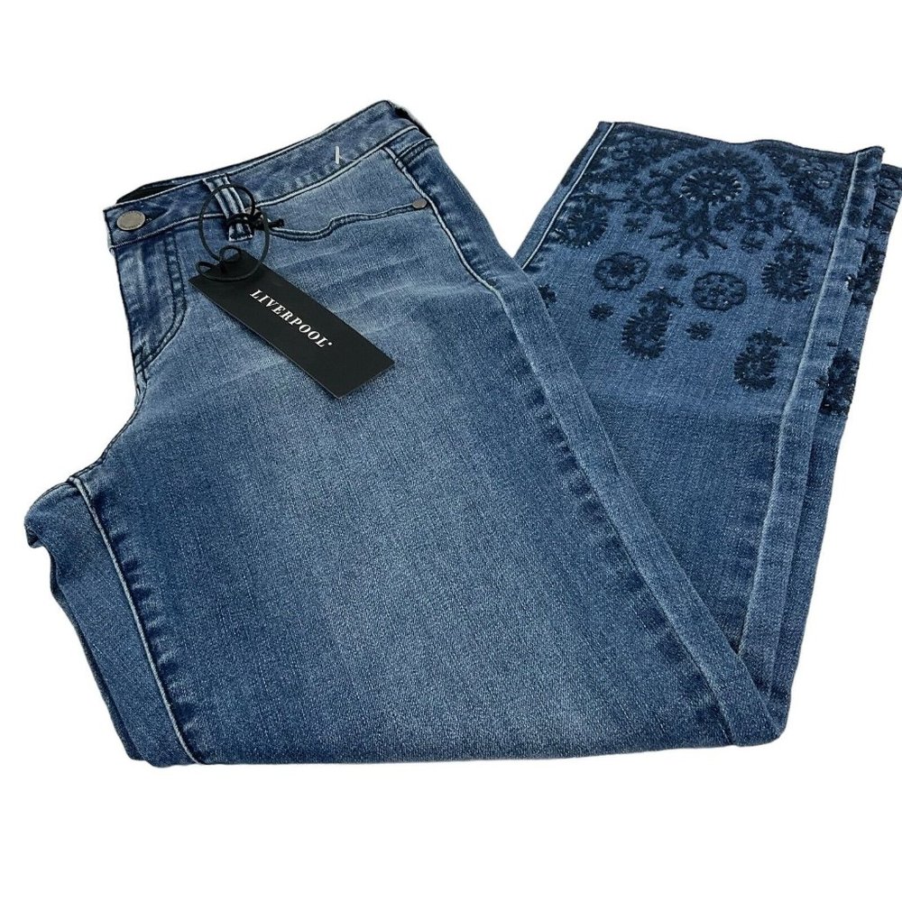 Liverpool Jeans Women's Sz 28" Blue The Crop Straight w/ Embroidered Hem Nwt - Picture 4 of 10